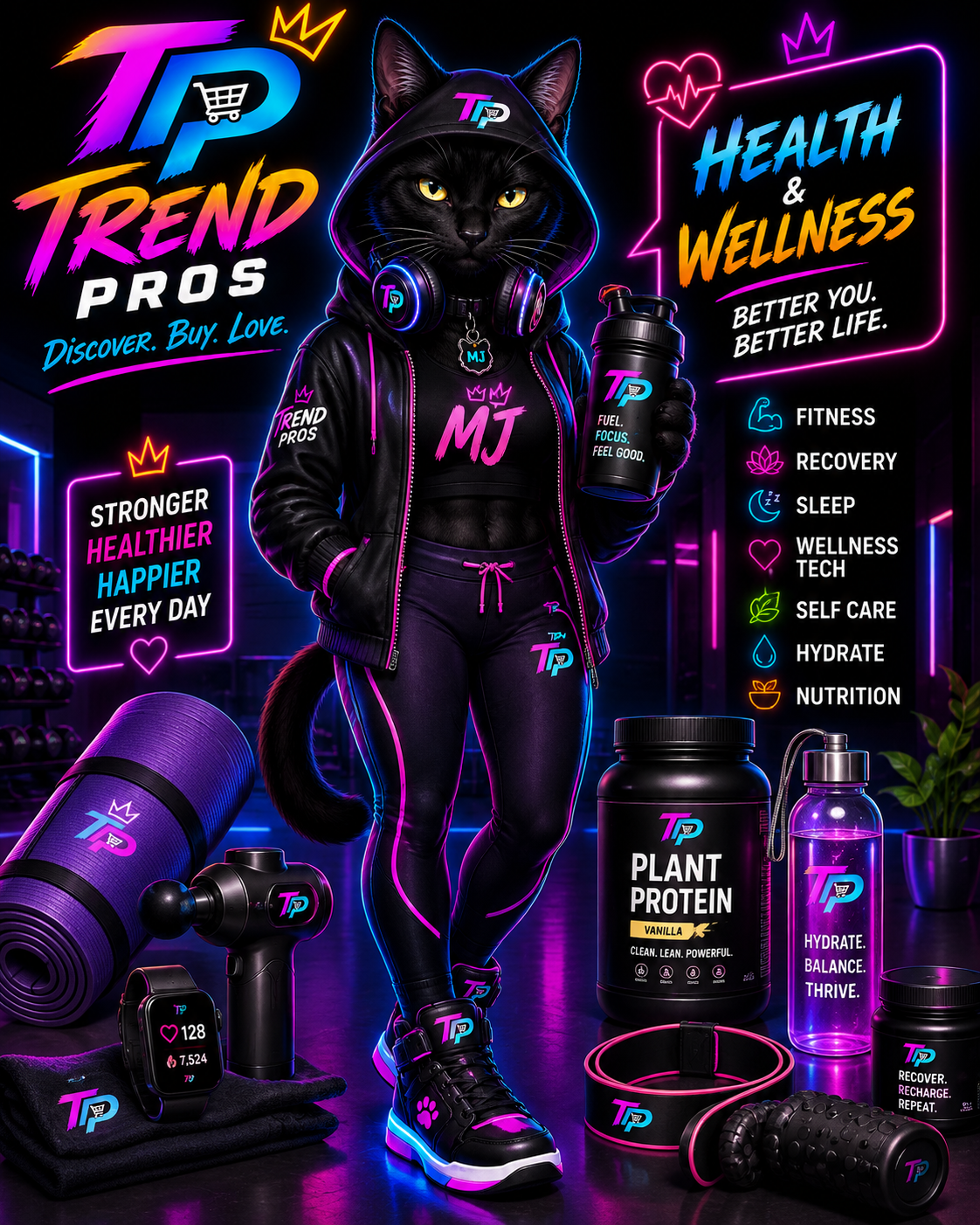 MJ, the Trend Pros wellness mascot, presenting recovery and red-light therapy gear